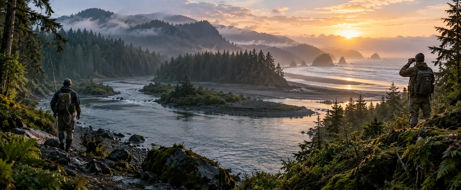 An angler near a river and an outdoorsperson with binoculars beside a coastal forest at dawn